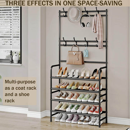 5-Tier Coat and Shoe Rack with Storage Shelf & 8 Hooks – Freestanding Organizer for Entryway & Bedroom