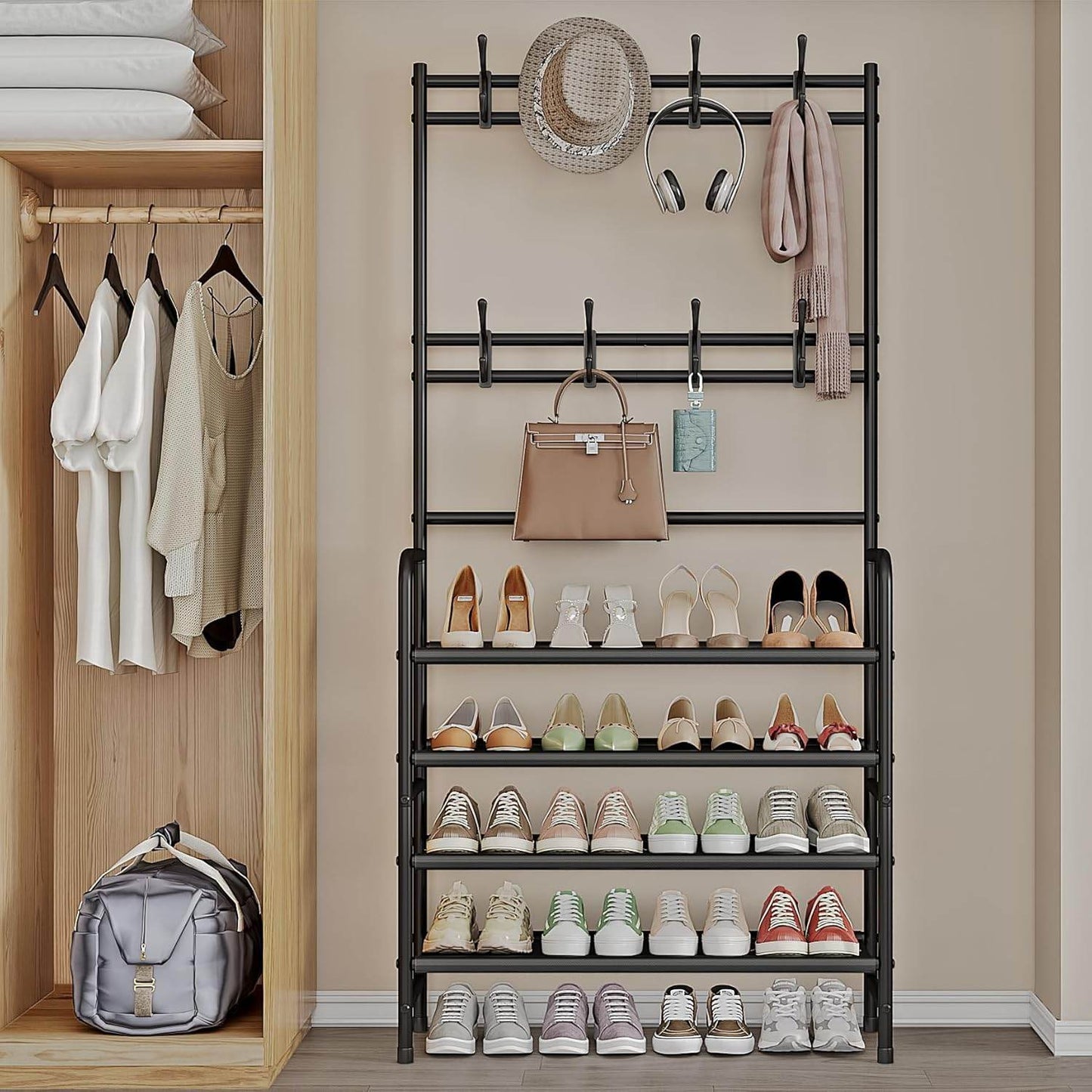 5-Tier Coat and Shoe Rack with Storage Shelf & 8 Hooks – Freestanding Organizer for Entryway & Bedroom