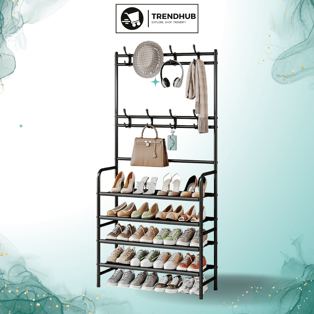 5-Tier Coat and Shoe Rack with Storage Shelf & 8 Hooks – Freestanding Organizer for Entryway & Bedroom