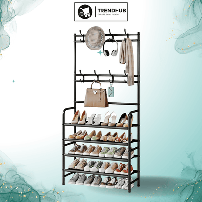 5-Tier Coat and Shoe Rack with Storage Shelf & 8 Hooks – Freestanding Organizer for Entryway & Bedroom